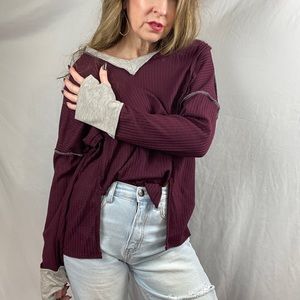 New Burgundy and grey waffle knot henley with thumb holes
